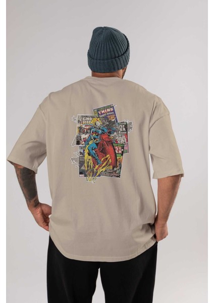 Ghost Rider Arka Baskılı Bej Oversize T-Shirt Bisiklet Yaka Pamuk Erkek Kadın