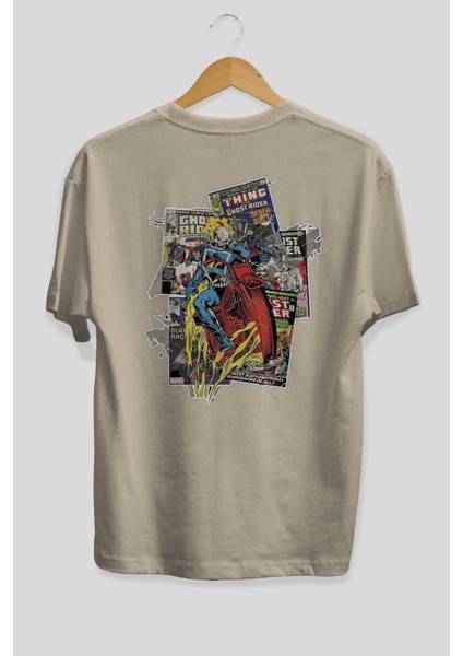 Ghost Rider Arka Baskılı Bej Oversize T-Shirt Bisiklet Yaka Pamuk Erkek Kadın fiyatları