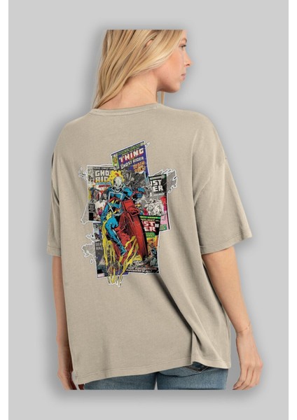 Ghost Rider Arka Baskılı Bej Oversize T-Shirt Bisiklet Yaka Pamuk Erkek Kadın modelleri