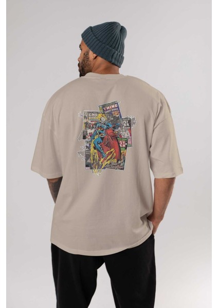 Ghost Rider Arka Baskılı Bej Oversize T-Shirt Bisiklet Yaka Pamuk Erkek Kadın fırsatları