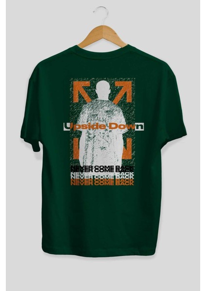 Upside Down Arka Baskılı Zümrüt Yeşili Oversize T-Shirt Erkek Kadın Bisiklet Yaka fiyatları