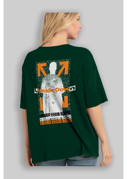 Upside Down Arka Baskılı Zümrüt Yeşili Oversize T-Shirt Erkek Kadın Bisiklet Yaka fırsatları