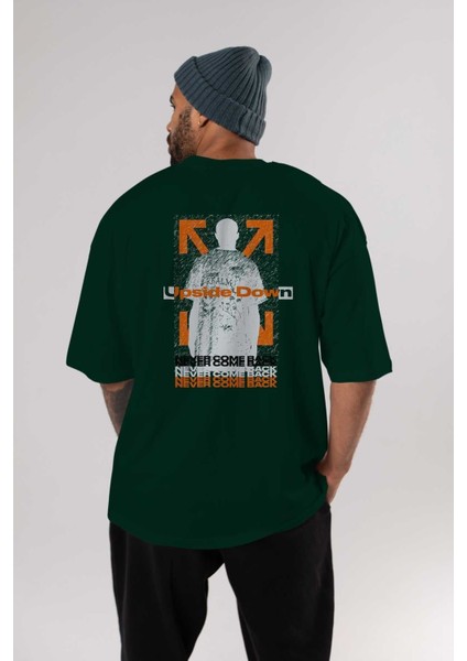 Upside Down Arka Baskılı Zümrüt Yeşili Oversize T-Shirt Erkek Kadın Bisiklet Yaka indirimleri