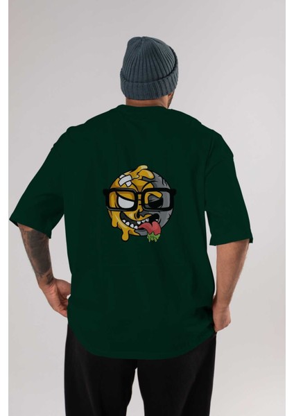 Smiley Nerd Arka Baskılı Zümrüt Yeşili Oversize T-Shirt Erkek Kadın Bisiklet Yaka