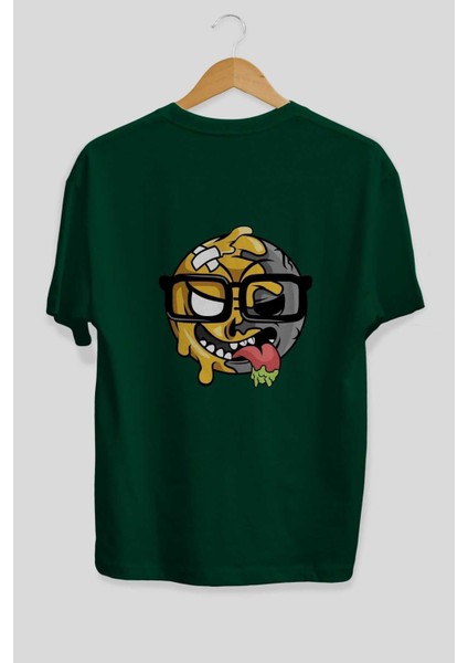 Smiley Nerd Arka Baskılı Zümrüt Yeşili Oversize T-Shirt Erkek Kadın Bisiklet Yaka