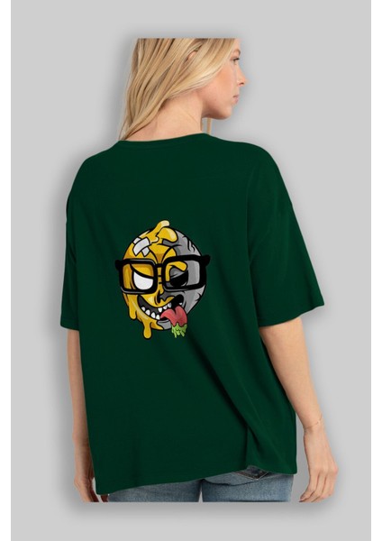 Smiley Nerd Arka Baskılı Zümrüt Yeşili Oversize T-Shirt Erkek Kadın Bisiklet Yaka