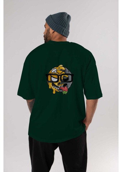 Smiley Nerd Arka Baskılı Zümrüt Yeşili Oversize T-Shirt Erkek Kadın Bisiklet Yaka