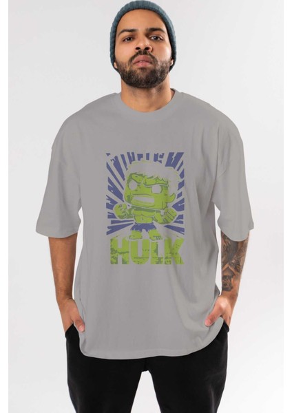Hulk (2) Ön Baskılı Gri Oversize T-Shirt Bisiklet Yaka Pamuk Erkek Kadın