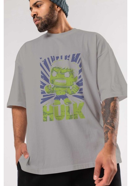 Hulk (2) Ön Baskılı Gri Oversize T-Shirt Bisiklet Yaka Pamuk Erkek Kadın