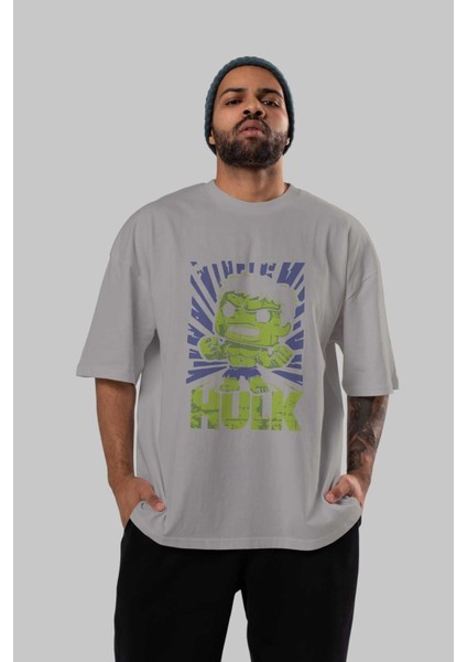 Hulk (2) Ön Baskılı Gri Oversize T-Shirt Bisiklet Yaka Pamuk Erkek Kadın