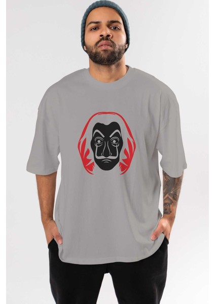 La Casa De Papel (8) Ön Baskılı Gri Oversize T-Shirt Bisiklet Yaka Pamuk Erkek Kadın