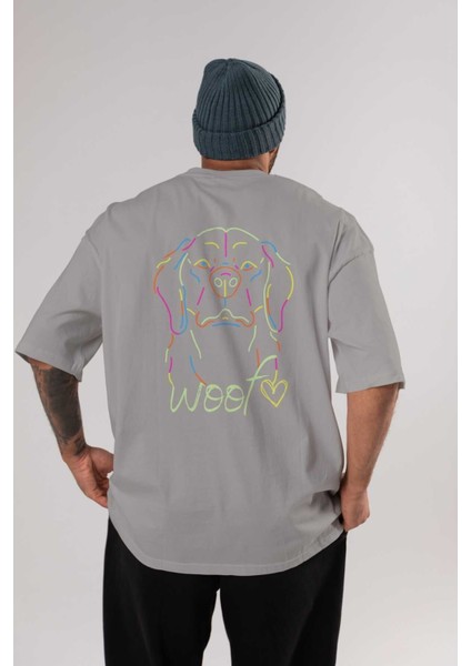 Neon Dog Arka Baskılı Gri Oversize T-Shirt Unisex Erkek Kadın Bisiklet Yaka