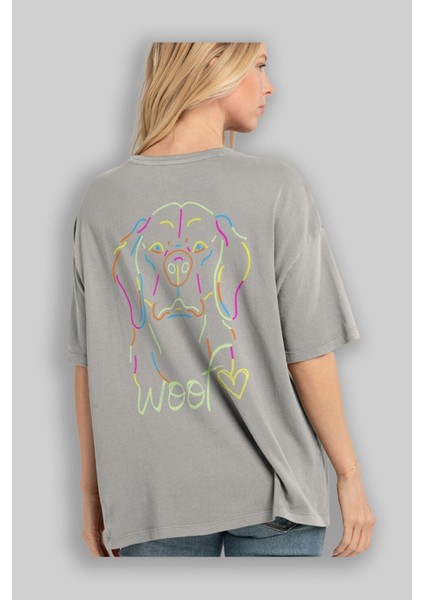 Neon Dog Arka Baskılı Gri Oversize T-Shirt Unisex Erkek Kadın Bisiklet Yaka modelleri