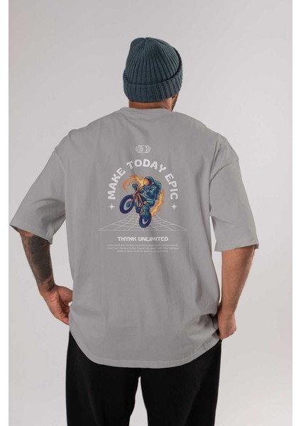 Make Today Epic Arka Baskılı Gri Oversize T-Shirt Unisex Erkek Kadın Bisiklet Yaka
