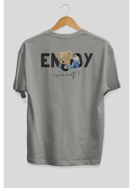 Teddy Bear Yourself Arka Baskılı Gri Oversize T-Shirt Unisex Erkek Kadın Bisiklet Yaka fiyatları