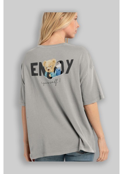 Teddy Bear Yourself Arka Baskılı Gri Oversize T-Shirt Unisex Erkek Kadın Bisiklet Yaka modelleri