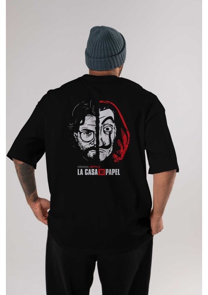 La Casa De Papel (9) Arka Baskılı Siyah Oversize T-Shirt Bisiklet Yaka Pamuk Erkek Kadın