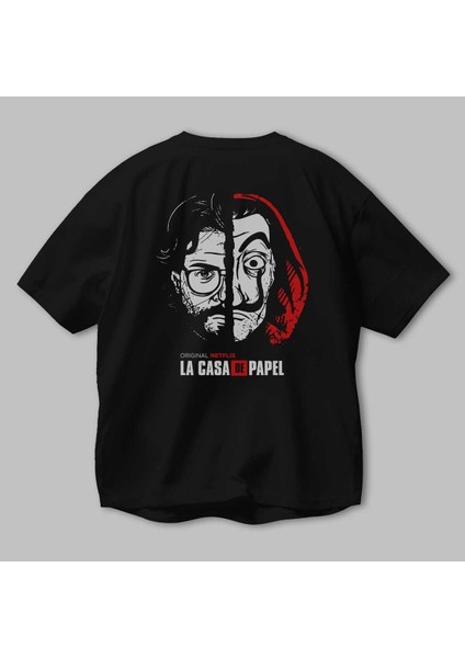 La Casa De Papel (9) Arka Baskılı Siyah Oversize T-Shirt Bisiklet Yaka Pamuk Erkek Kadın modelleri