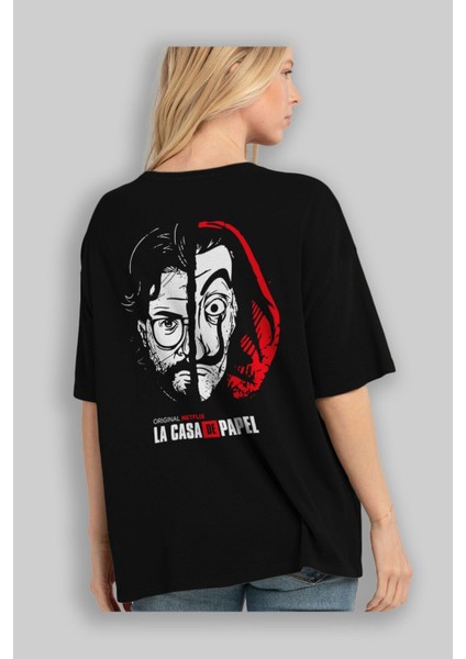 La Casa De Papel (9) Arka Baskılı Siyah Oversize T-Shirt Bisiklet Yaka Pamuk Erkek Kadın fırsatları