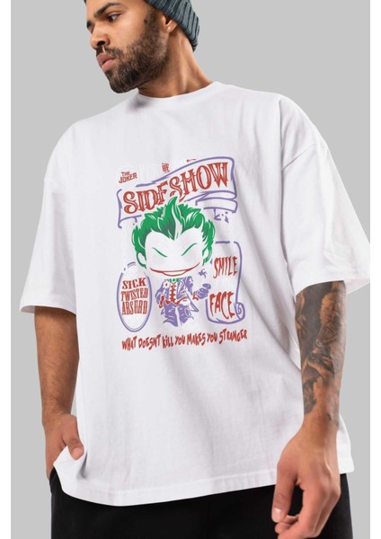 Joker (4) Ön Baskılı Beyaz Oversize T-Shirt Bisiklet Yaka Erkek Kadın modelleri