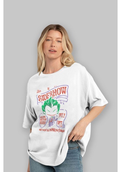 Joker (4) Ön Baskılı Beyaz Oversize T-Shirt Bisiklet Yaka Erkek Kadın fırsatları