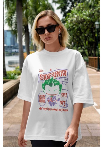 Joker (4) Ön Baskılı Beyaz Oversize T-Shirt Bisiklet Yaka Erkek Kadın indirimleri