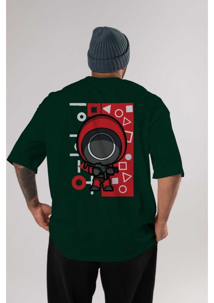 Squid Game (4) Arka Baskılı Zümrüt Yeşili Oversize T-Shirt Bisiklet Yaka Erkek Kadın