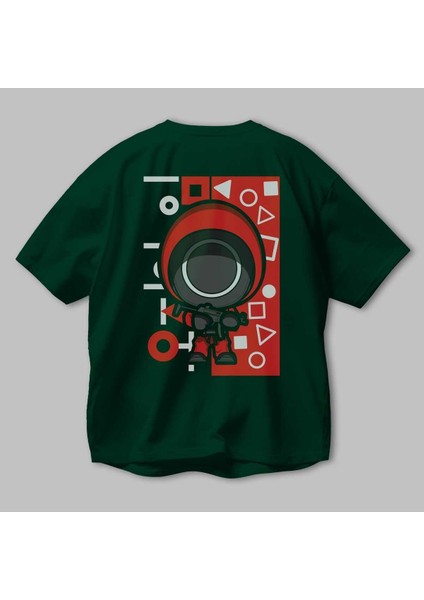 Squid Game (4) Arka Baskılı Zümrüt Yeşili Oversize T-Shirt Bisiklet Yaka Erkek Kadın