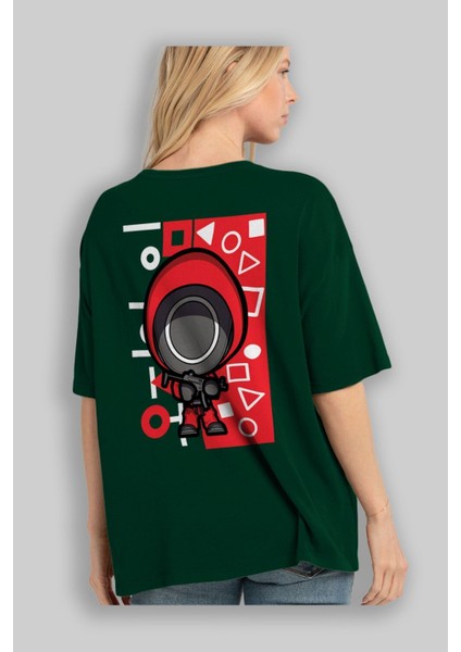 Squid Game (4) Arka Baskılı Zümrüt Yeşili Oversize T-Shirt Bisiklet Yaka Erkek Kadın