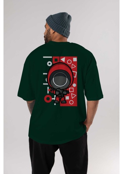 Squid Game (4) Arka Baskılı Zümrüt Yeşili Oversize T-Shirt Bisiklet Yaka Erkek Kadın