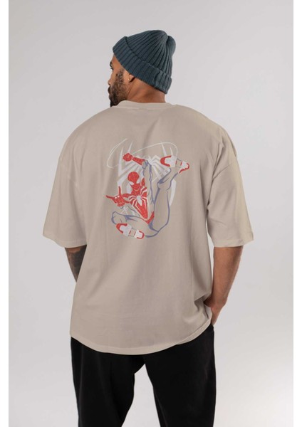 Spiderman (19) Arka Baskılı Bej Oversize T-Shirt Bisiklet Yaka Pamuk Erkek Kadın fırsatları