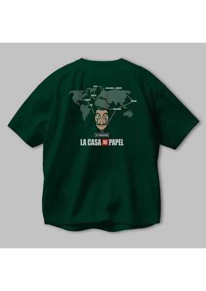 La Casa De Papel Arka Baskılı Zümrüt Yeşili Oversize T-Shirt Bisiklet Yaka Erkek Kadın modelleri