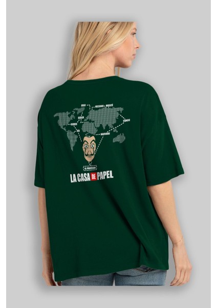 La Casa De Papel Arka Baskılı Zümrüt Yeşili Oversize T-Shirt Bisiklet Yaka Erkek Kadın fırsatları