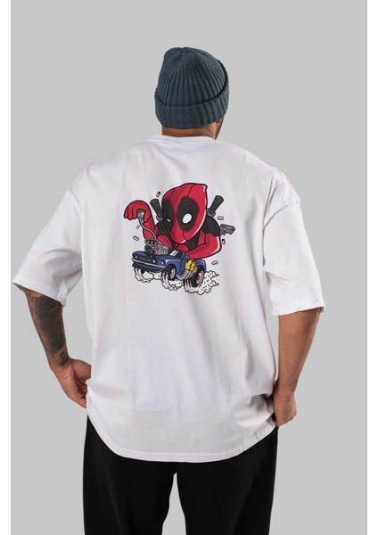 Deadpool (21) Arka Baskılı Beyaz Oversize T-Shirt Bisiklet Yaka Pamuk Erkek Kadın