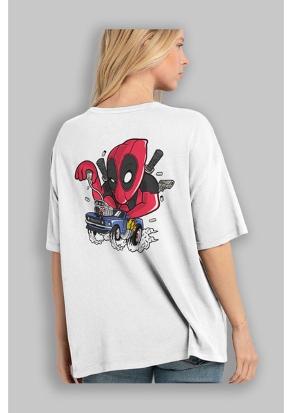 Deadpool (21) Arka Baskılı Beyaz Oversize T-Shirt Bisiklet Yaka Pamuk Erkek Kadın modelleri