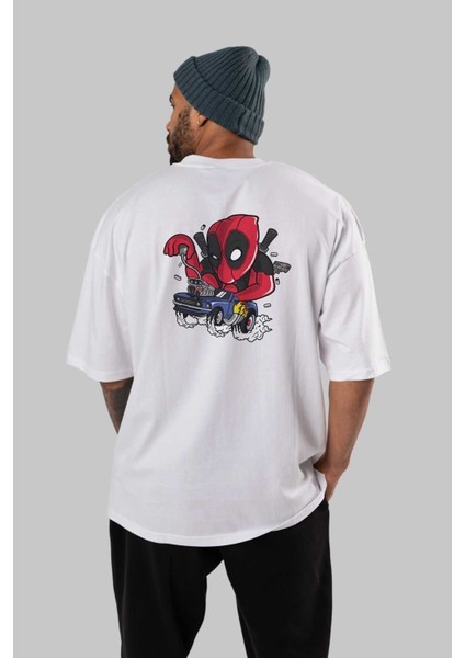 Deadpool (21) Arka Baskılı Beyaz Oversize T-Shirt Bisiklet Yaka Pamuk Erkek Kadın fırsatları