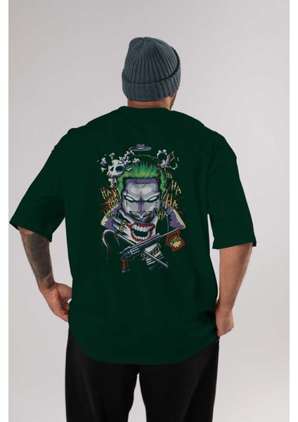 Joker Arka Baskılı Zümrüt Yeşili Oversize T-Shirt Bisiklet Yaka Erkek Kadın