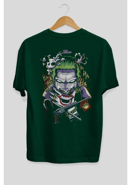 Joker Arka Baskılı Zümrüt Yeşili Oversize T-Shirt Bisiklet Yaka Erkek Kadın