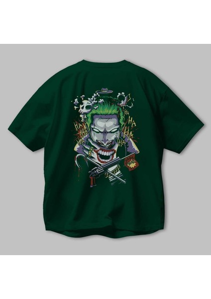 Joker Arka Baskılı Zümrüt Yeşili Oversize T-Shirt Bisiklet Yaka Erkek Kadın
