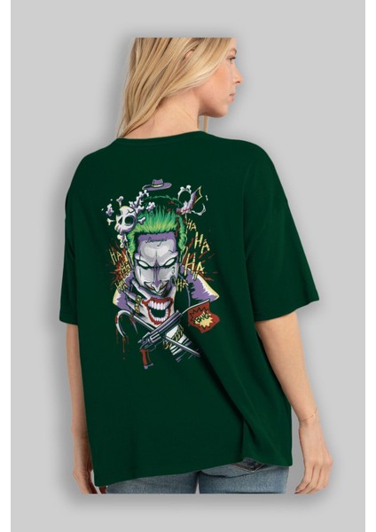 Joker Arka Baskılı Zümrüt Yeşili Oversize T-Shirt Bisiklet Yaka Erkek Kadın
