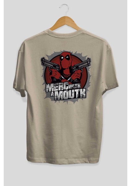 Deadpool (13) Arka Baskılı Bej Oversize T-Shirt Bisiklet Yaka Pamuk Erkek Kadın fiyatları