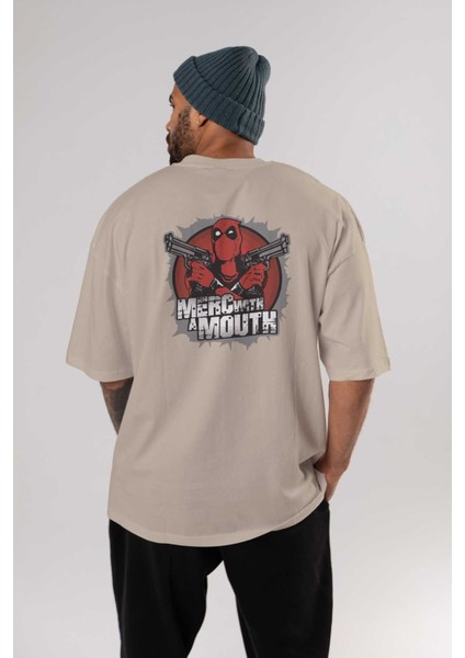 Deadpool (13) Arka Baskılı Bej Oversize T-Shirt Bisiklet Yaka Pamuk Erkek Kadın fırsatları