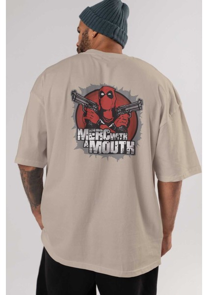 Deadpool (13) Arka Baskılı Bej Oversize T-Shirt Bisiklet Yaka Pamuk Erkek Kadın indirimleri