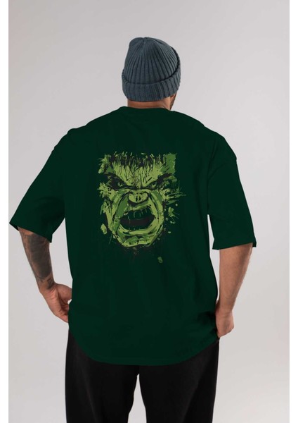 Hulk (4) Arka Baskılı Zümrüt Yeşili Oversize T-Shirt Bisiklet Yaka Erkek Kadın