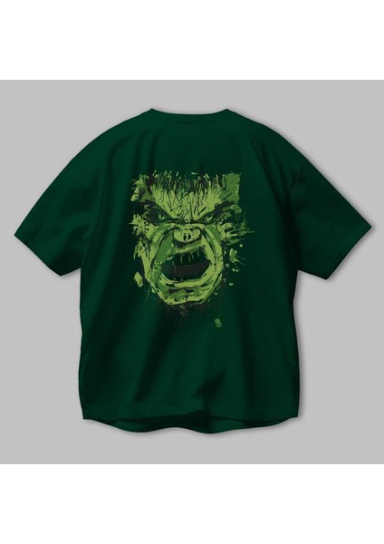 Hulk (4) Arka Baskılı Zümrüt Yeşili Oversize T-Shirt Bisiklet Yaka Erkek Kadın modelleri