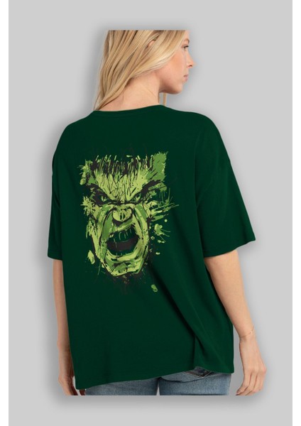Hulk (4) Arka Baskılı Zümrüt Yeşili Oversize T-Shirt Bisiklet Yaka Erkek Kadın fırsatları