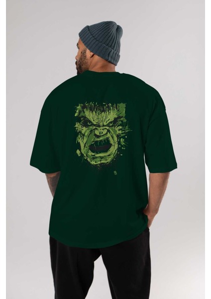 Hulk (4) Arka Baskılı Zümrüt Yeşili Oversize T-Shirt Bisiklet Yaka Erkek Kadın indirimleri