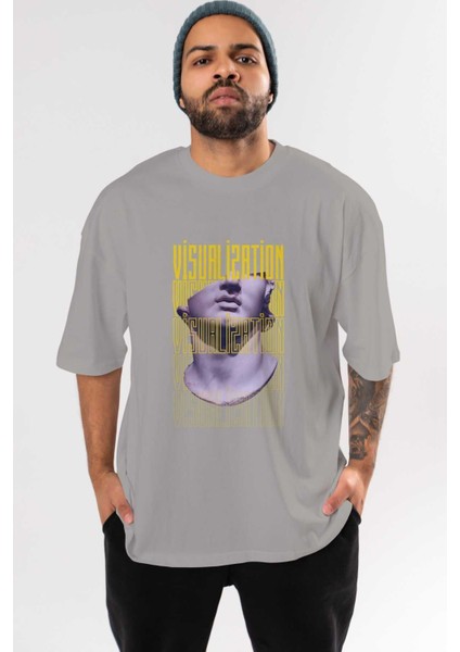 Visualization Yazılı Ön Baskılı Gri Oversize T-Shirt Unisex Erkek Kadın Bisiklet Yaka