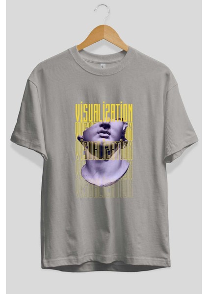 Visualization Yazılı Ön Baskılı Gri Oversize T-Shirt Unisex Erkek Kadın Bisiklet Yaka fiyatları
