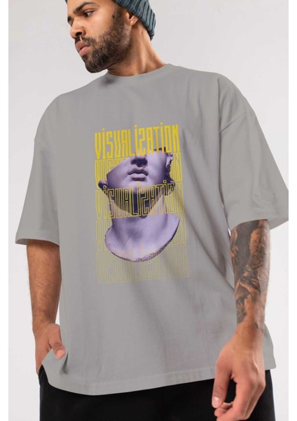 Visualization Yazılı Ön Baskılı Gri Oversize T-Shirt Unisex Erkek Kadın Bisiklet Yaka modelleri